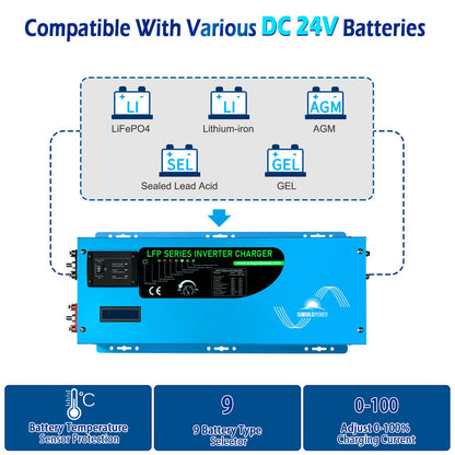 3000W DC 24V Pure Sine Wave Inverter With Charger - LFP3K24V120VSG