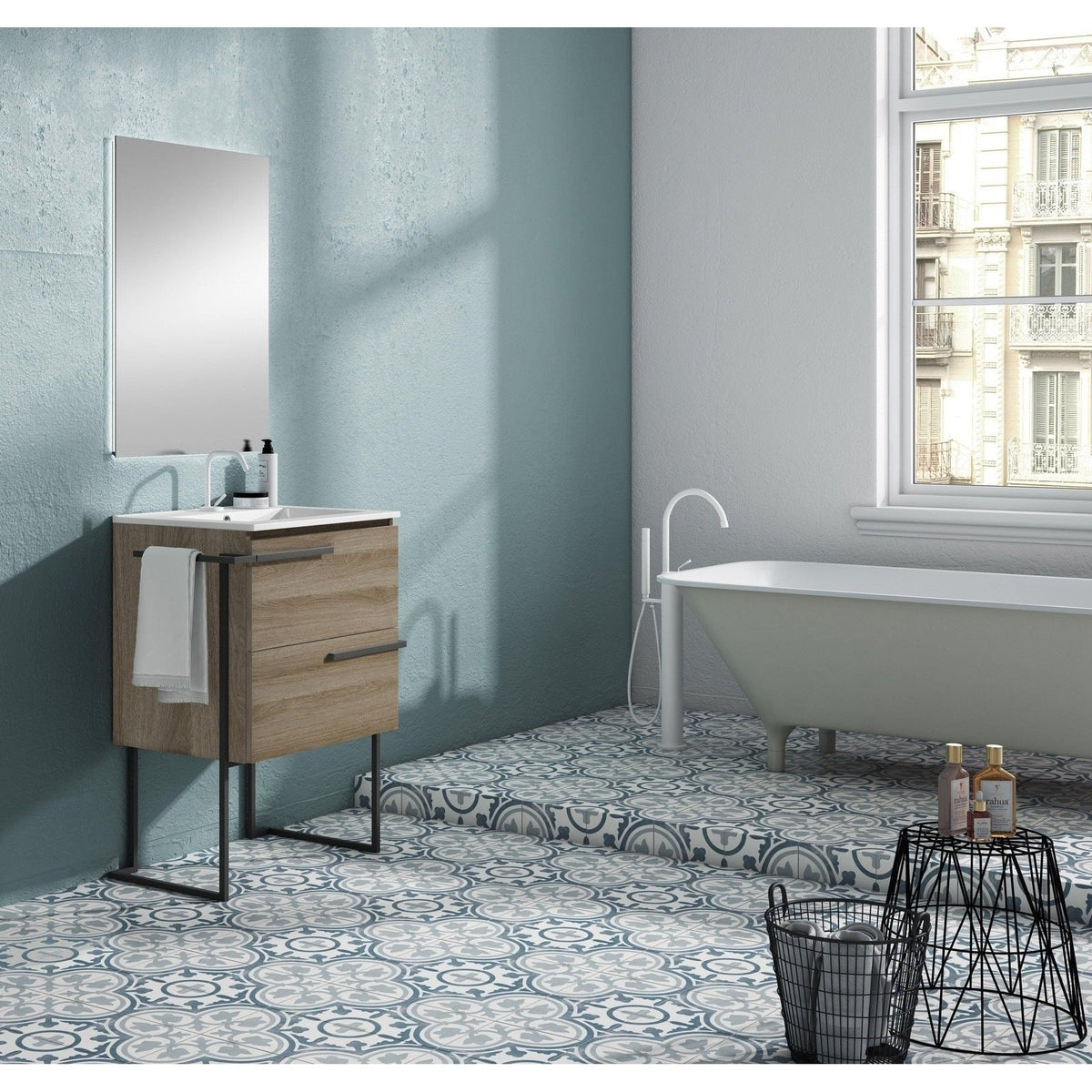 Lucena Bath Scala 40" Single Sink Vanity with Legs and Towel Bar in Abedul, White or Tera. - Backyard Provider