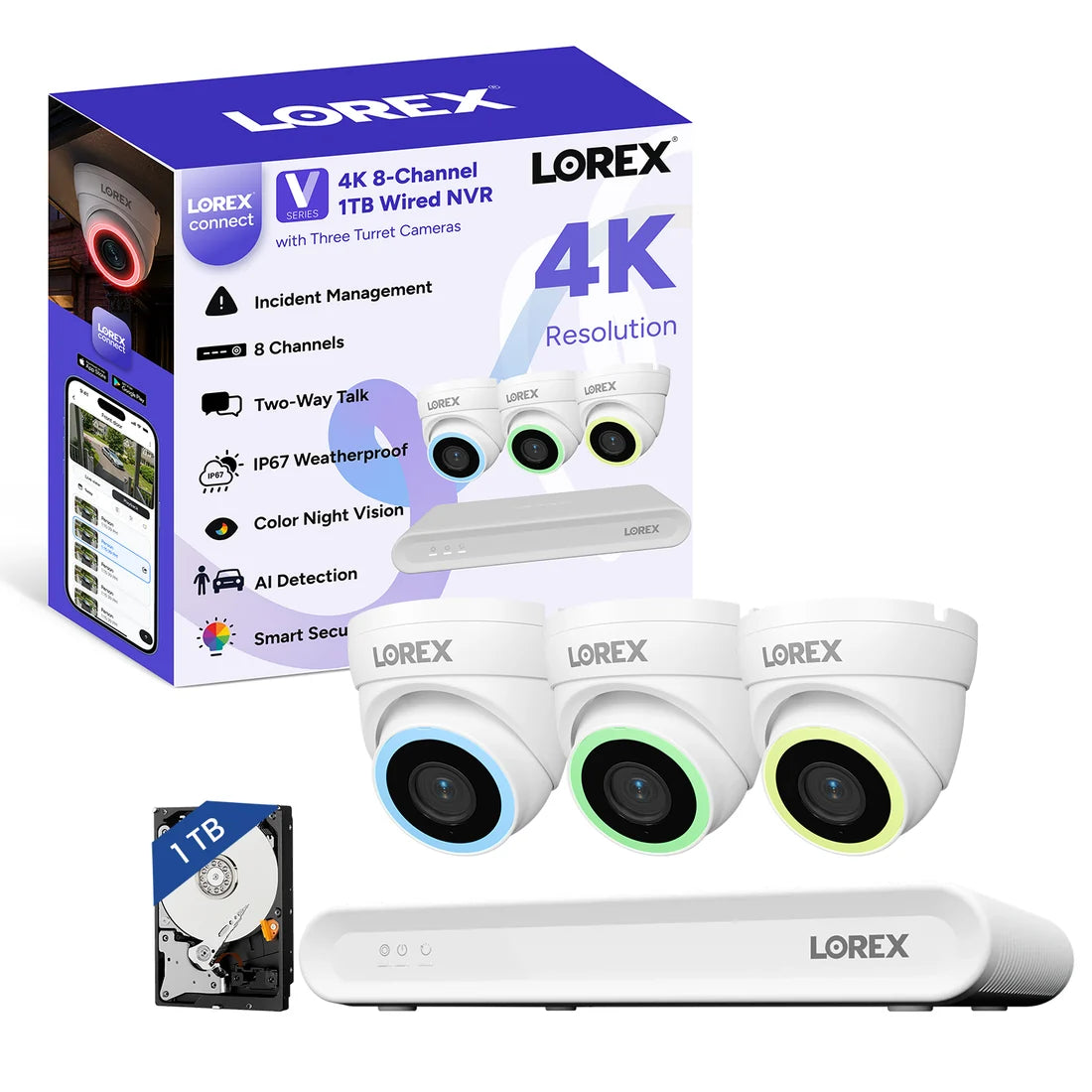 Lorex Connect (New App) | V-Series | 8Ch 4K NVR System | 3 V5 Dome PoE Cameras (Cables not included)