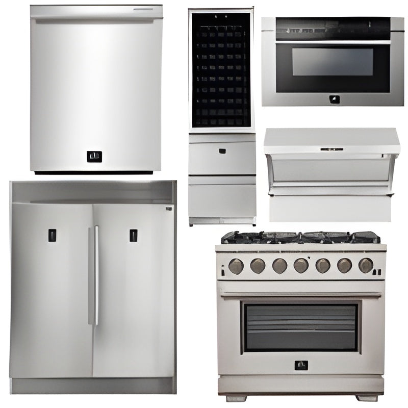 Forno Appliance Package - 36 Inch Pro Gas Range, Range Hood, Refrigerator, Microwave Drawer, Dishwasher, Wine Cooler, AP-FFSGS6260-36-9