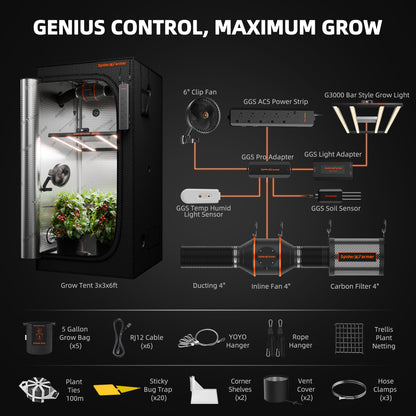 2026 Spider Farmer® 3’x3’ GGS AC5 Power Strip Complete Grow Tent Kit丨G3000 WiFi & Bluetooth App-Controlled LED丨4” Ventilation System With 6” Clip Fan