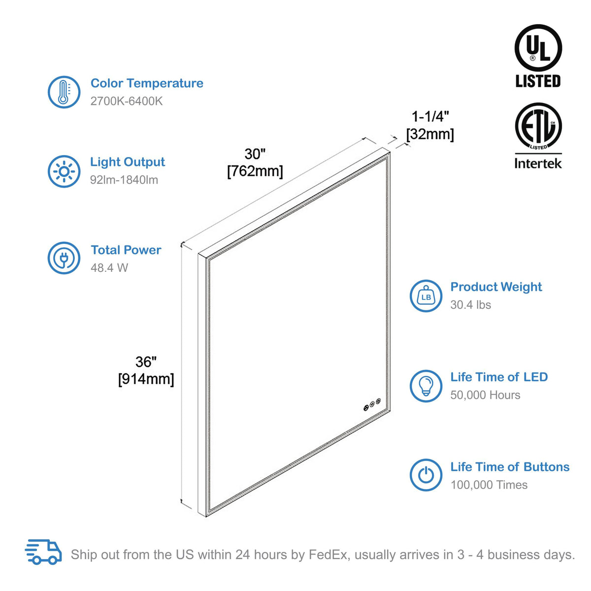 Blossom Stellar 30 Inch LED Mirror - LED M4 3036 MB - Backyard Provider
