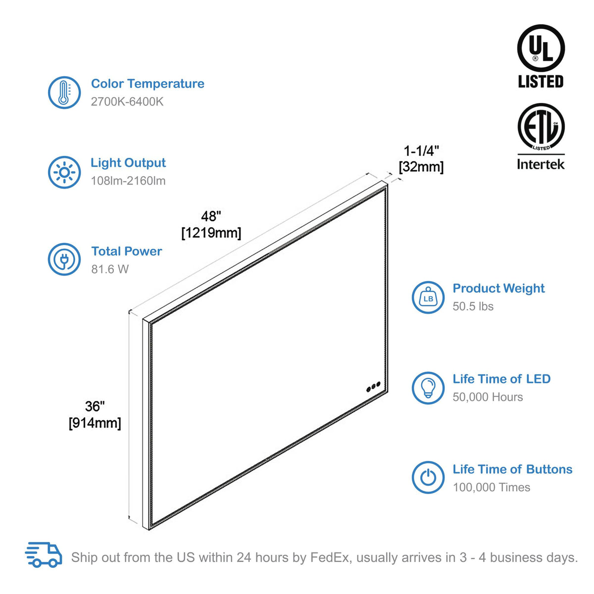 Blossom Stellar 48 Inch LED Mirror - LED M4 4836 MB - Backyard Provider