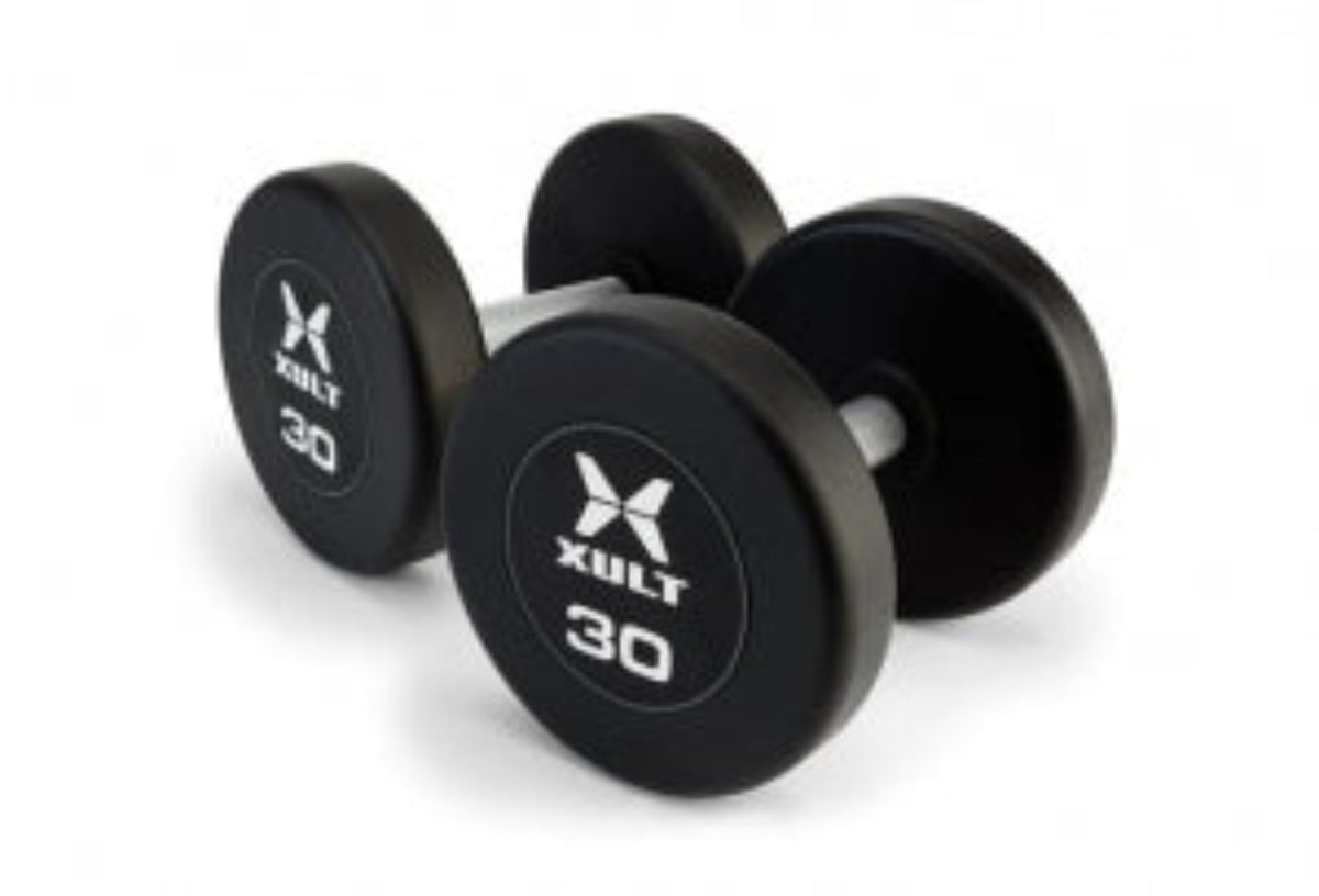 Johnson Health Tech XULT Urethane Round Dumbbells - XULT Urethane Round Dumbbell Pair, Black Plus, 160 lb. - XT-160URE-RND-P